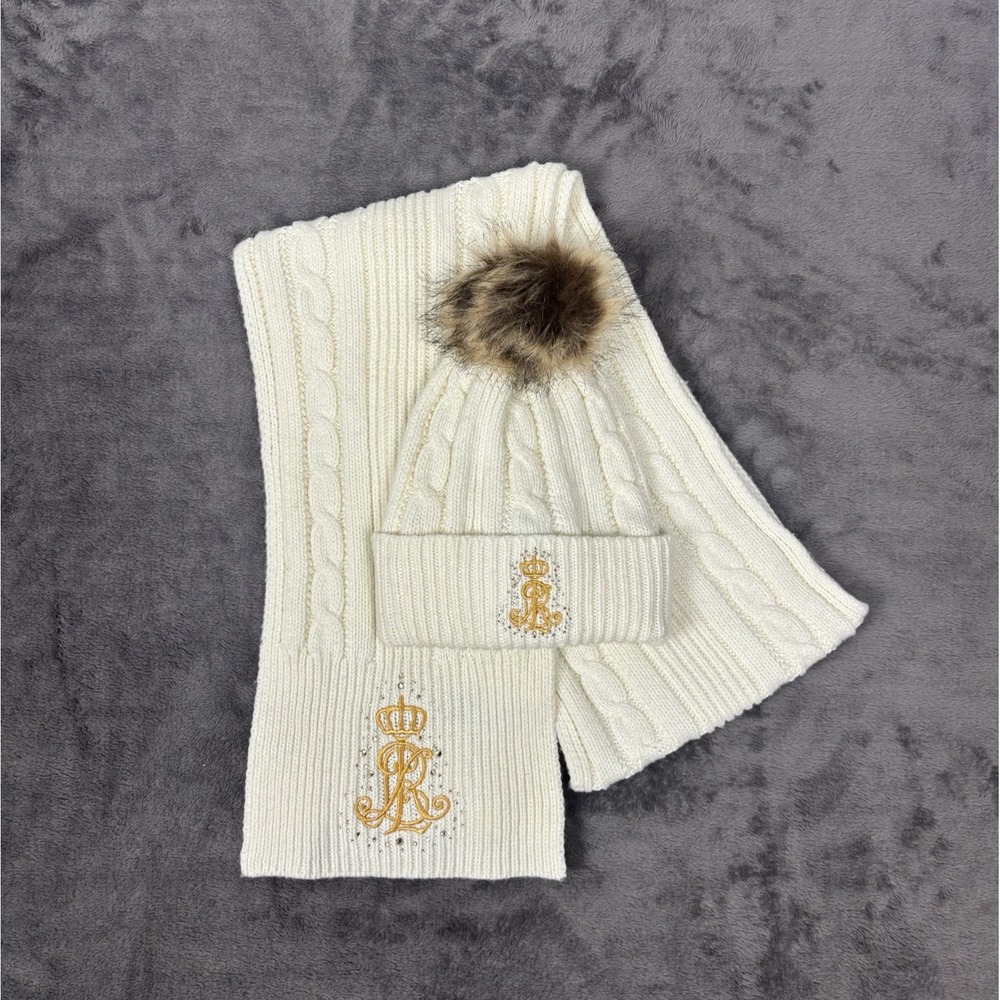 NWT Lauren Ralph Lauren White Crest Cable Knit Fur Pom‎ Pom Beanie 70" Scarf Set